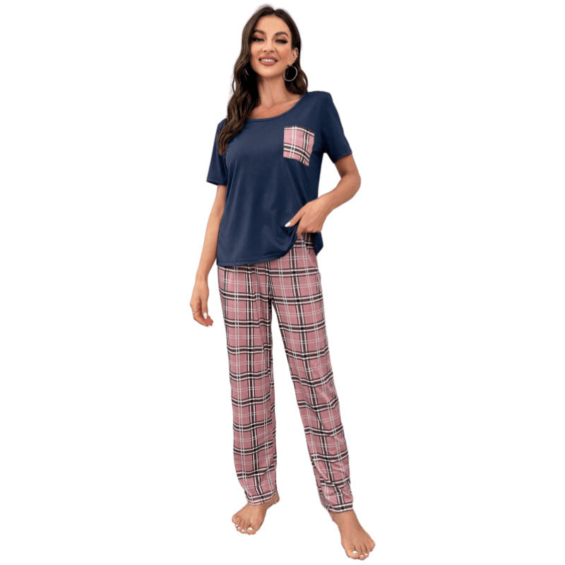 Color Blocking Plaid Trousers Pajamas