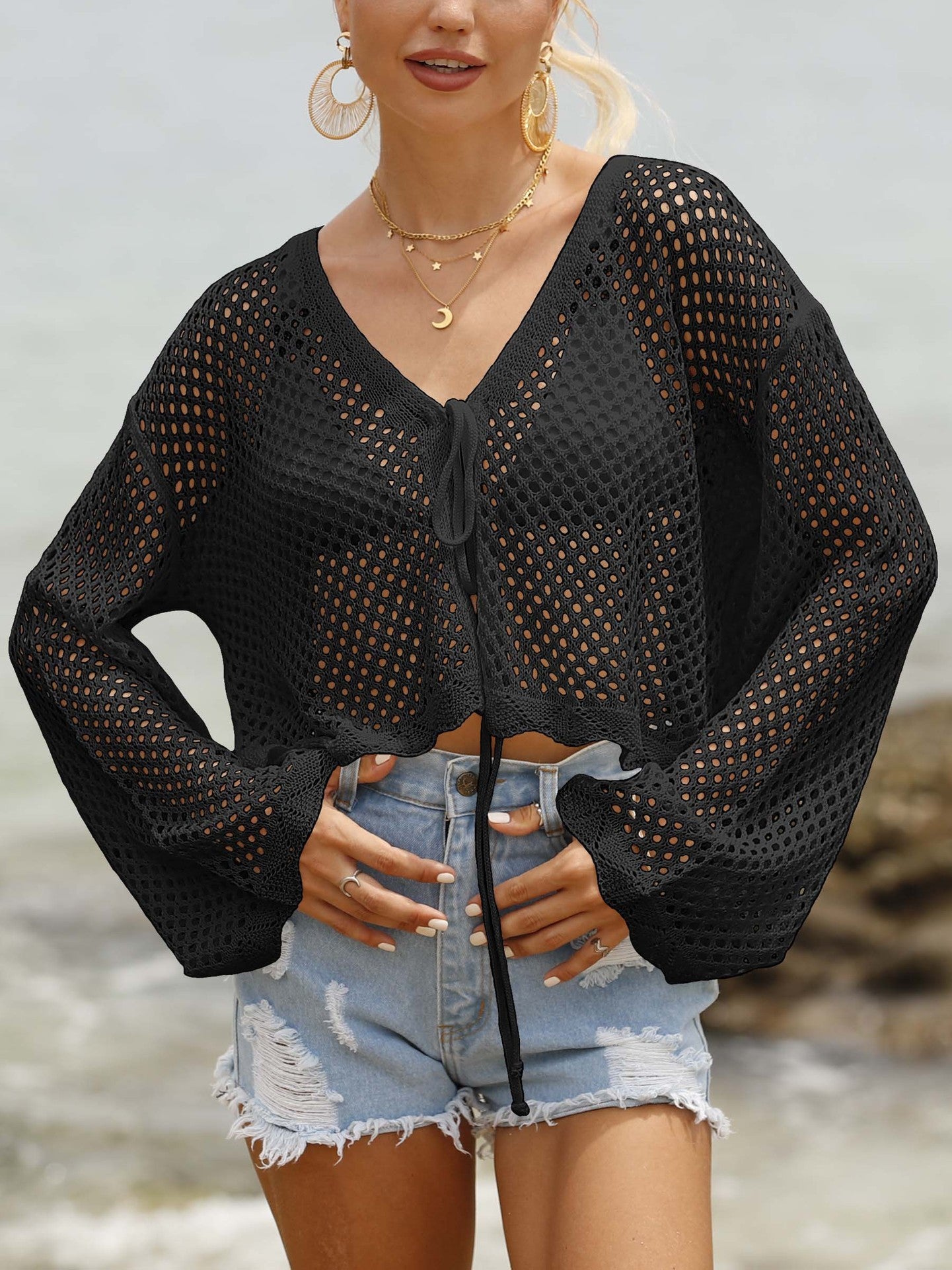 Women's Lace-up Cardigan Hollow-out Beach Sun Protection Long-sleeved Blouse