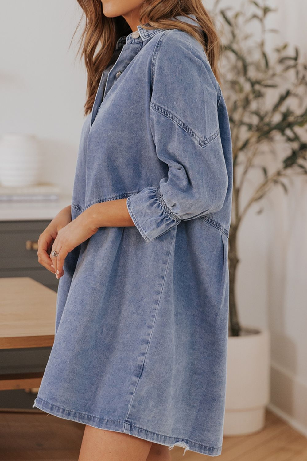 Distressed Collared Neck Flounce Sleeve Denim Dress - Little Miss Vanilla