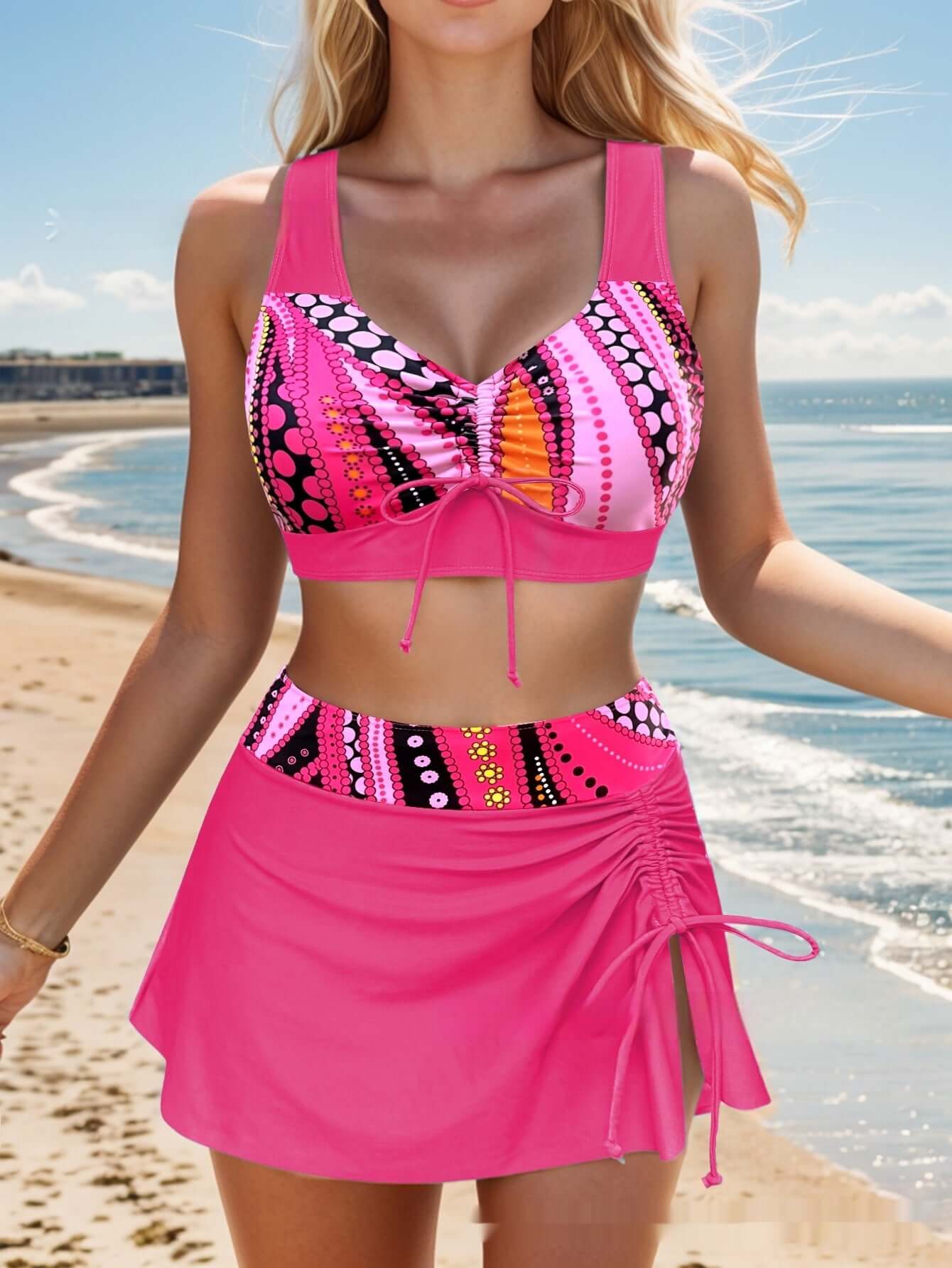 Stylish women's swimwear featuring a pink halter bikini and matching skirt by the beach.