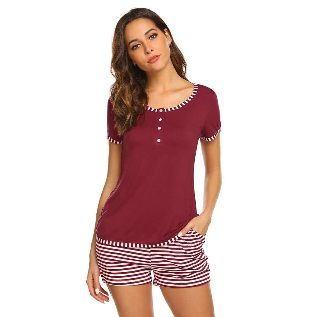 Striped printed women's pajamas suit in burgundy and white, stylish and comfortable for leisure and sleep.