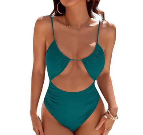 Cute women's one-piece swimsuit in teal, featuring a cut-out design and adjustable straps for stylish beachwear.