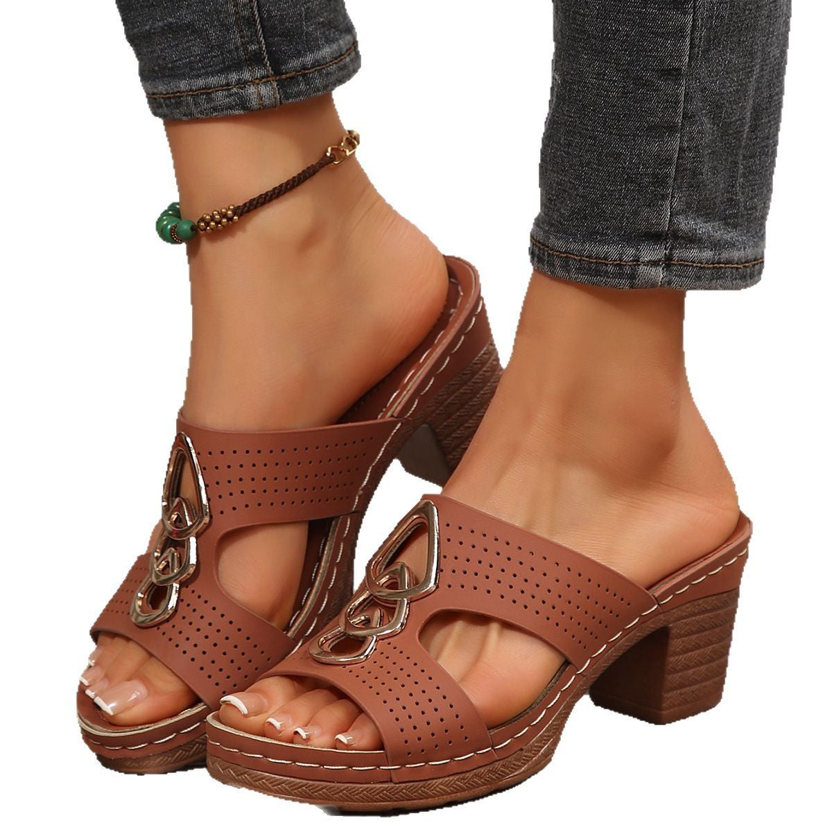 Stylish women's chunky heel platform slippers in brown with fish mouth design, perfect for daily leisure wear.