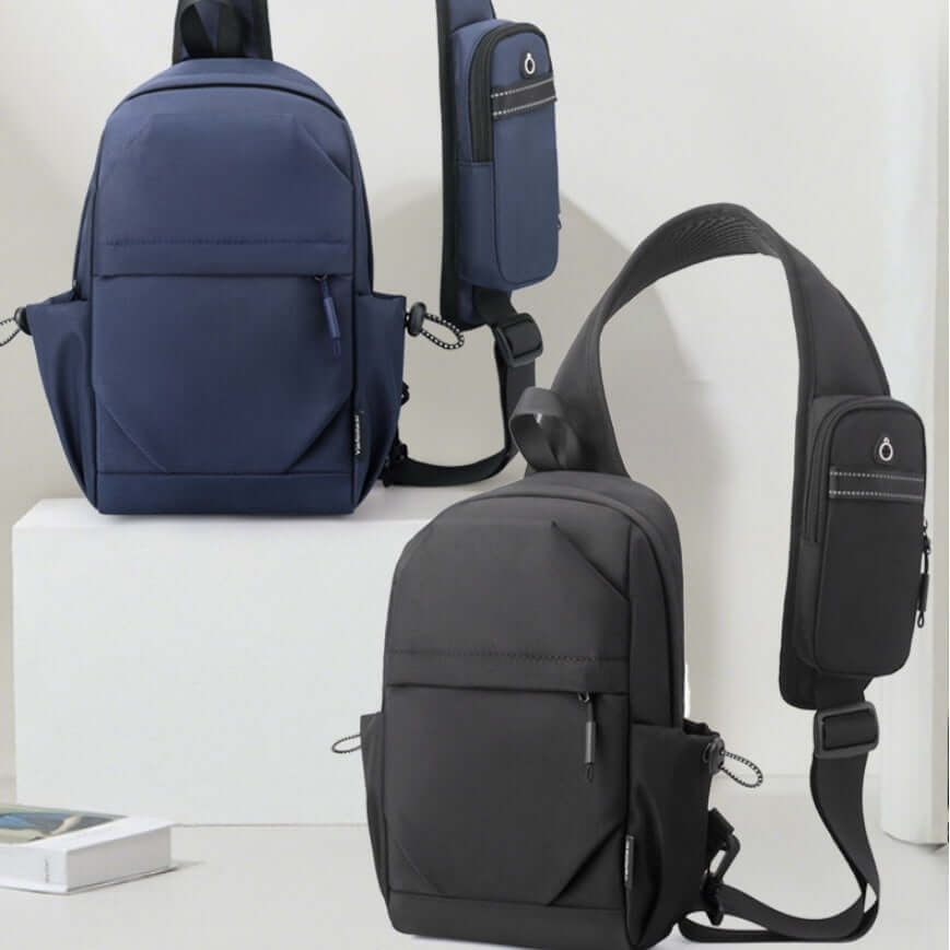 Men's Oxford cloth shoulder chest bags in dark gray and blue, breathable and waterproof for outdoor use.
