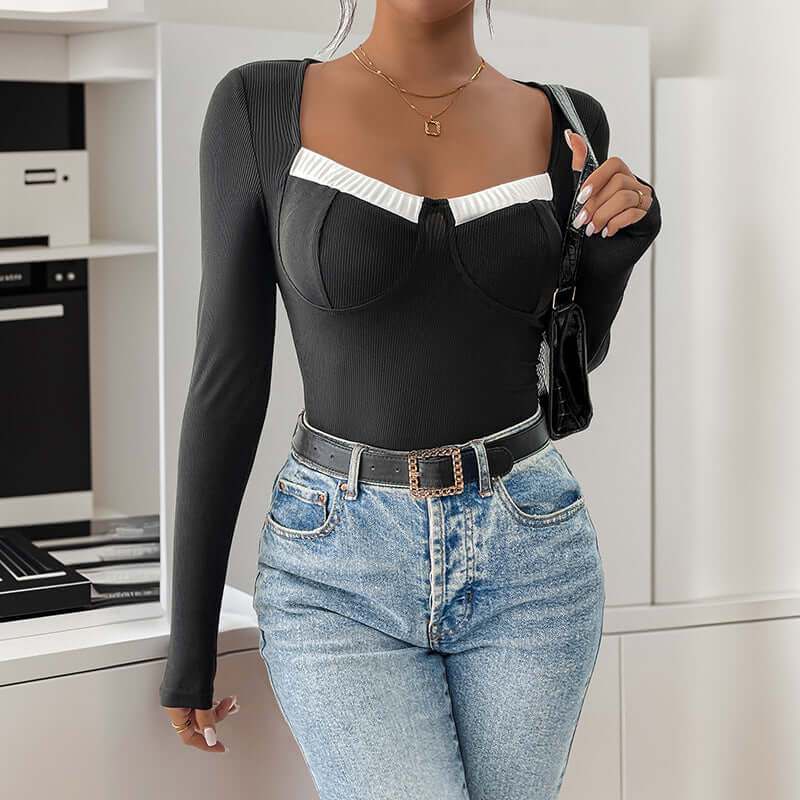 Long Sleeve Square-neck Contrast Color Knitted Jumpsuit - Little Miss Vanilla