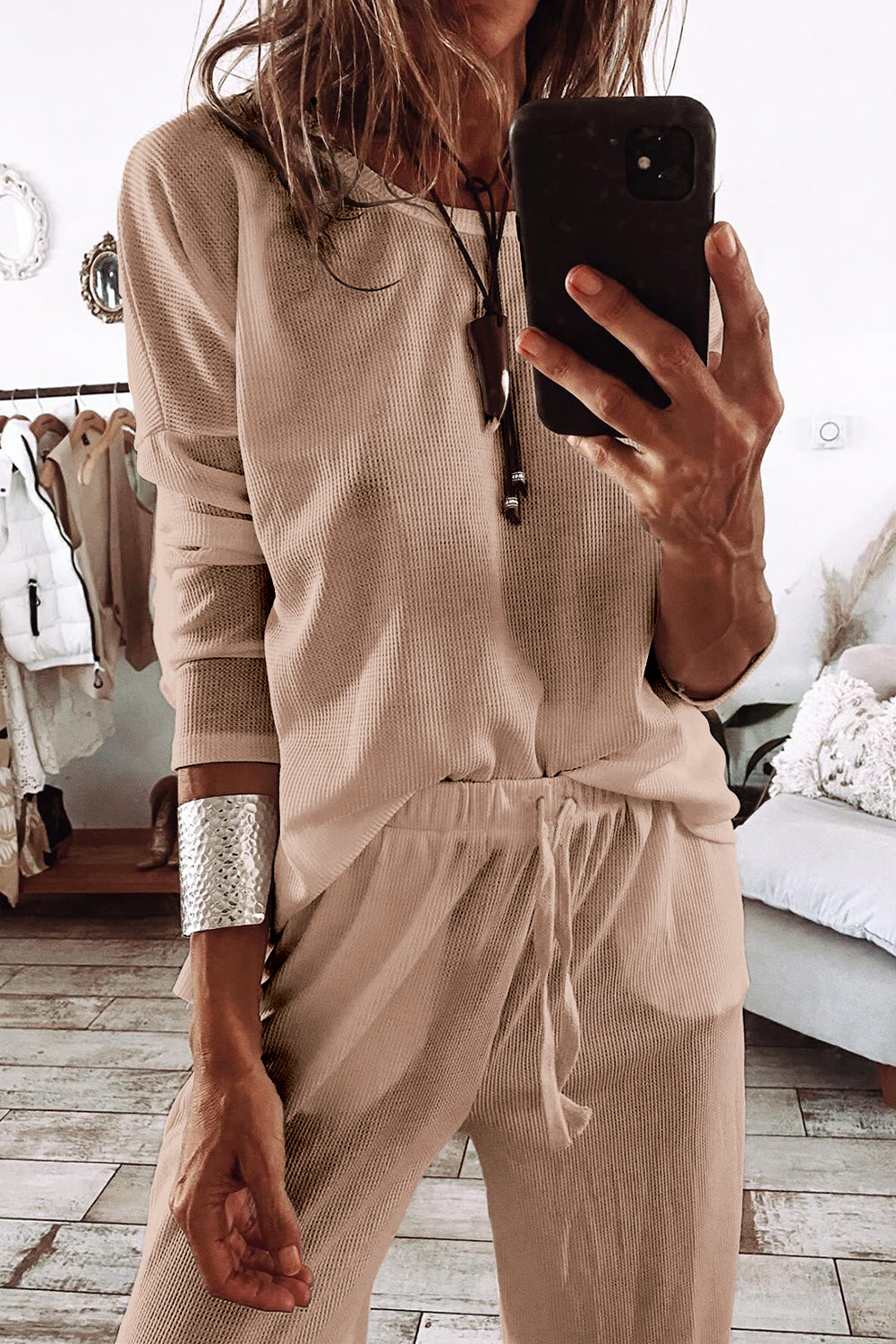 Parchment Textured Long Sleeve T Shirt and Pants Lounge Set - Little Miss Vanilla