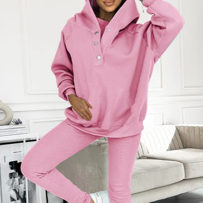 3pcs Women&#39;s Sports Suit Loose Hooded Pockets Sweatshirt And Vest And Slim Trousers