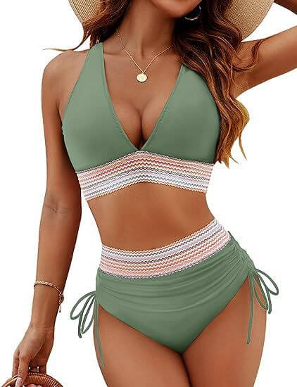 Fashion Women's High Waist Bikini Split Suit in olive green with stylish design, perfect for summer swimwear.