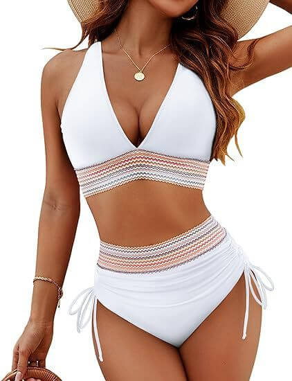 Women&#39;s high waist bikini split suit in white with stylish striped band, perfect for beach and pool wear.