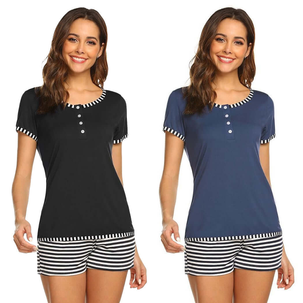 Women's striped printed modal rayon pajamas suit in black and navy blue for comfortable home wear.