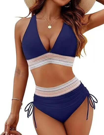 Fashion women's swimwear featuring a navy blue high waist bikini split suit with stylish detailing.