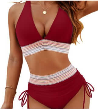 High waisted bikini set in burgundy with color blocking, perfect for women&#39;s swimwear, summer beach days, and pool parties.