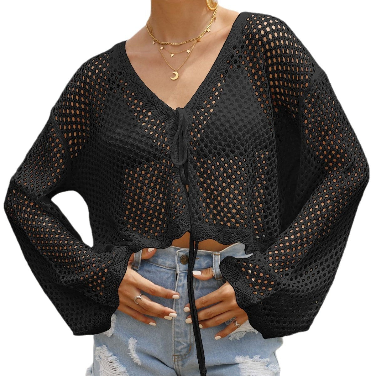 Women's Lace-up Cardigan Hollow-out Beach Sun Protection Long-sleeved Blouse