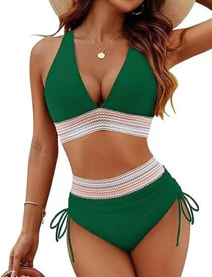 Fashion women's high waist bikini split suit in green, a stylish choice for summer swimwear.