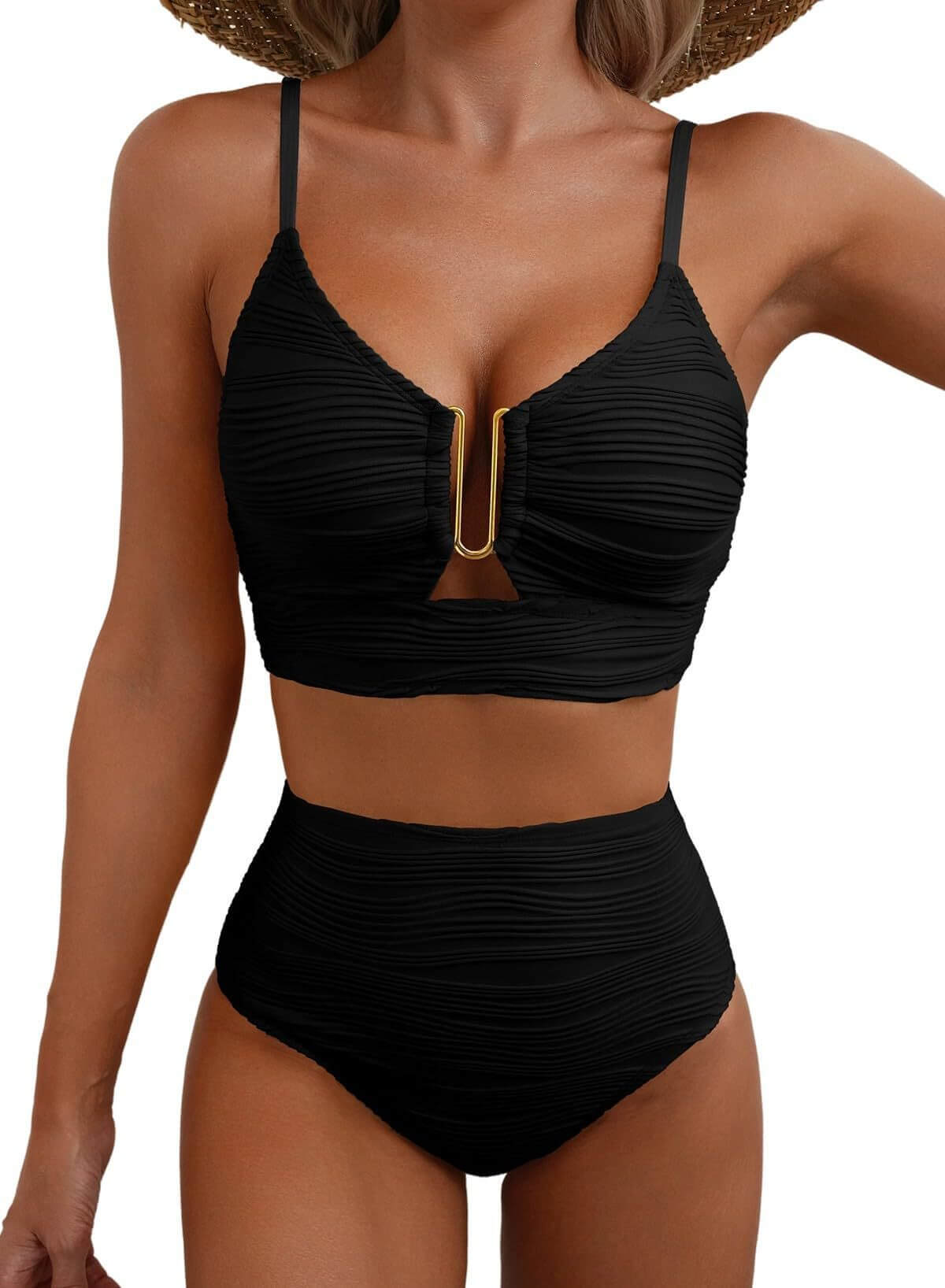 Black V-neck hollow high waist bikini swimsuit for women, sleeveless design, stylish and comfortable women's swimwear.