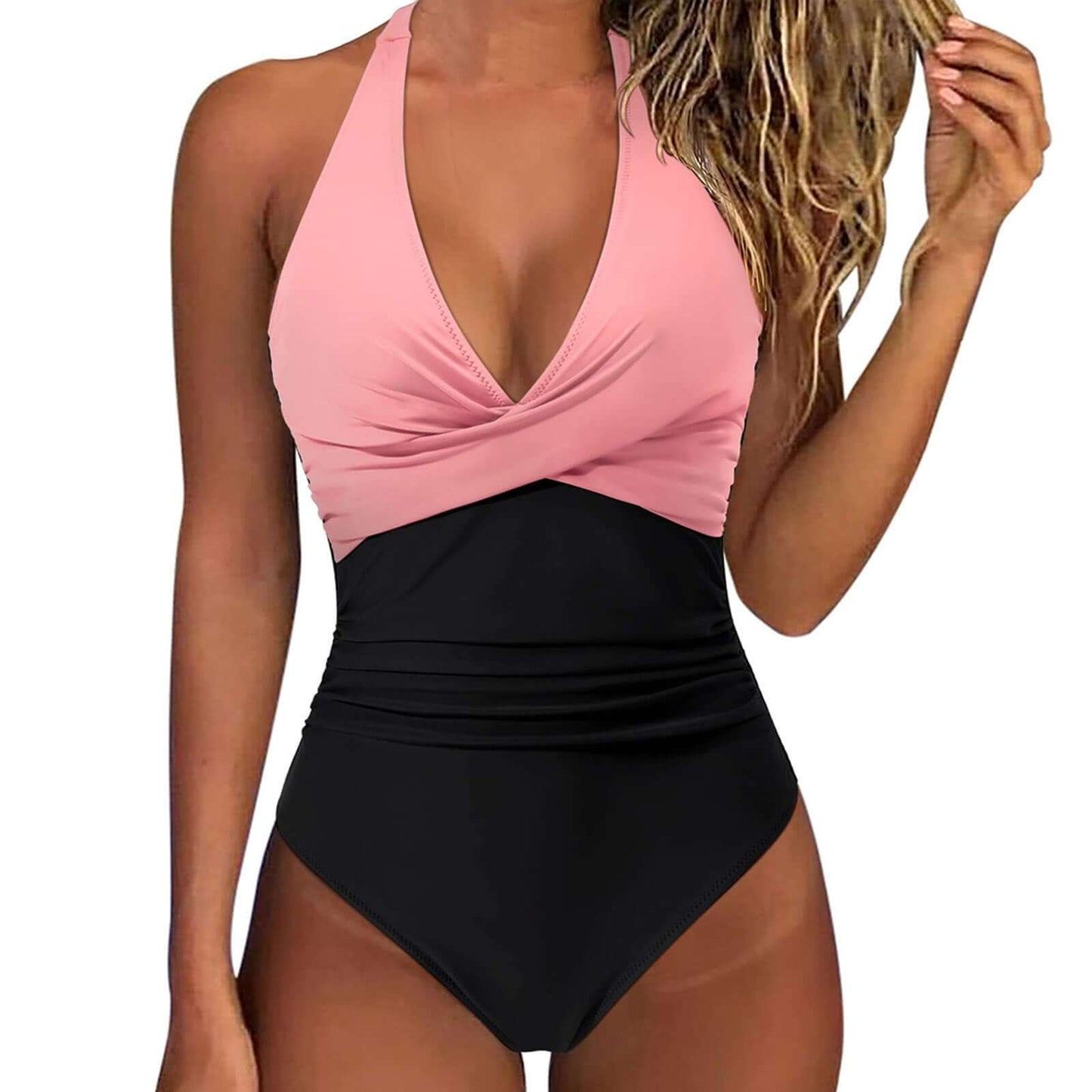 Women's swimwear: elegant pink and black one-piece swimsuit with a plunging neckline and flattering fit.