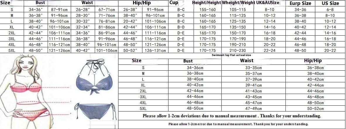 Size chart for Plus Size Women's Quick-drying Bikini Swimsuit, including bust, waist, and hip measurements.