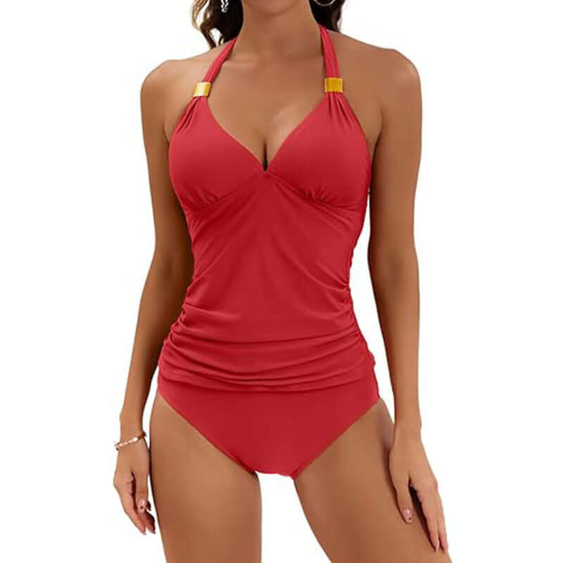 Women's red halter tie two piece swimsuit, perfect for summer beach days and pool parties.