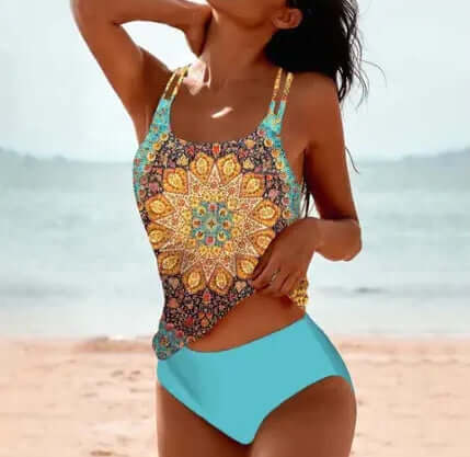 Vintage printed high waist women's swimwear with a backless design, featuring vibrant patterns and beach backdrop.