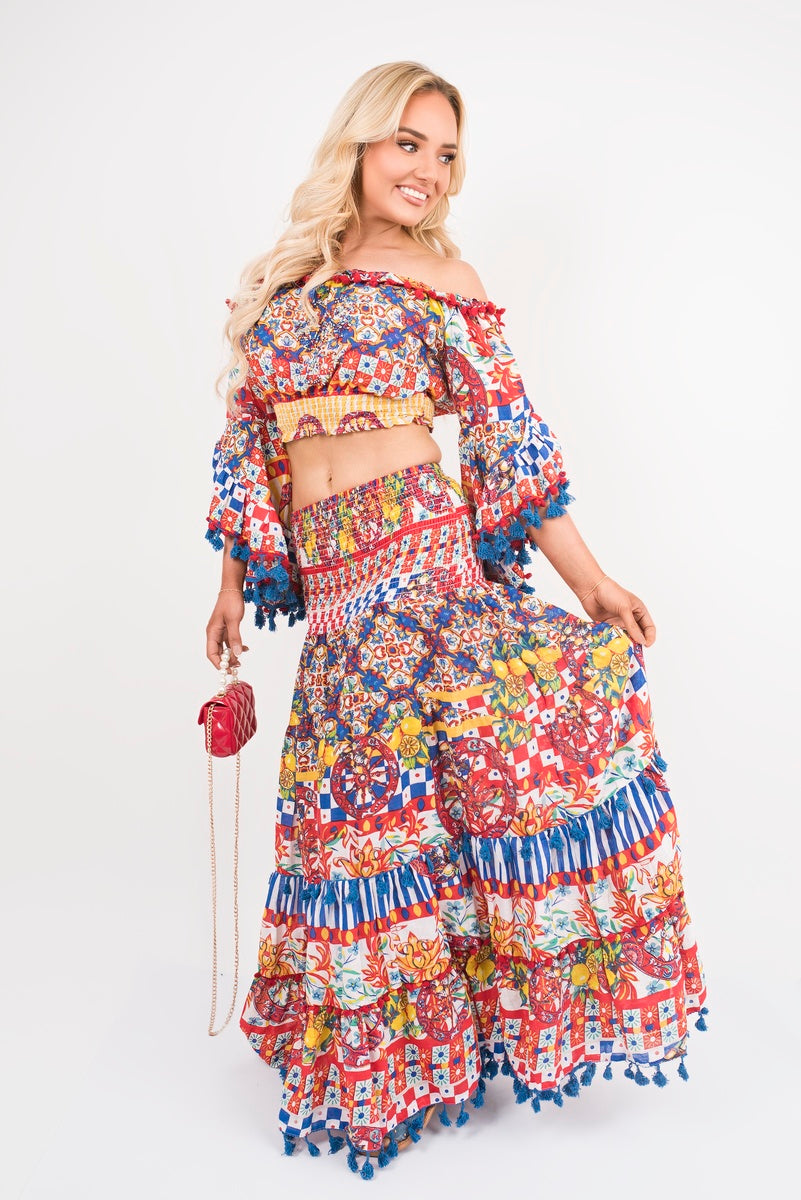 Bardot Crop Top and Maxi Skirt Co-Ord with Frill Trim