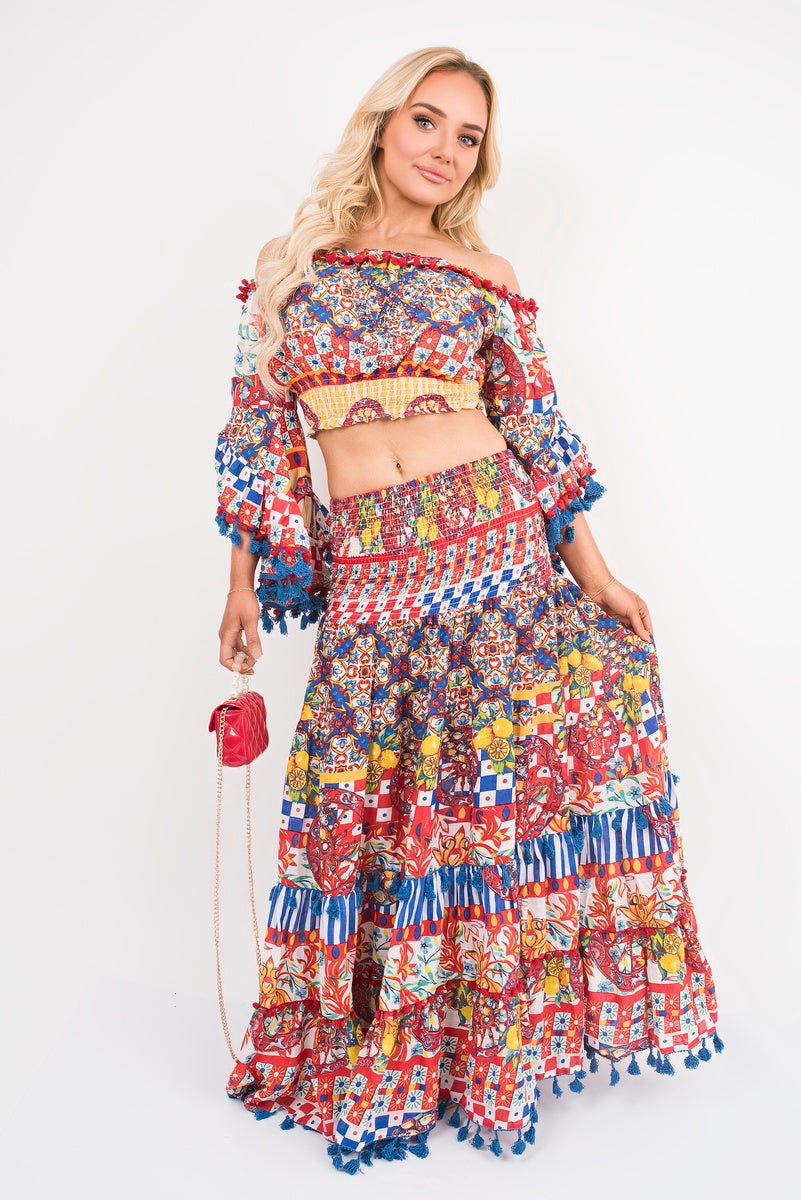 Bardot Crop Top and Maxi Skirt Co-Ord with Frill Trim