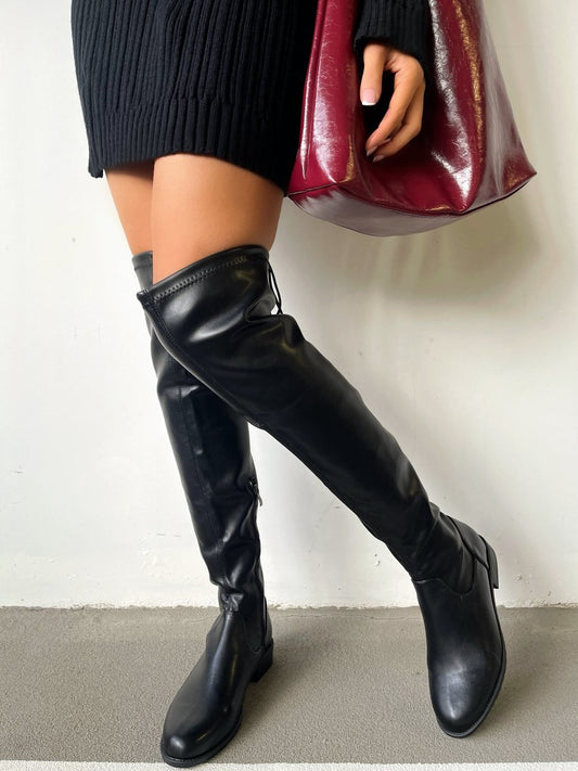 Tie Detail Low Heel Knee High Boots