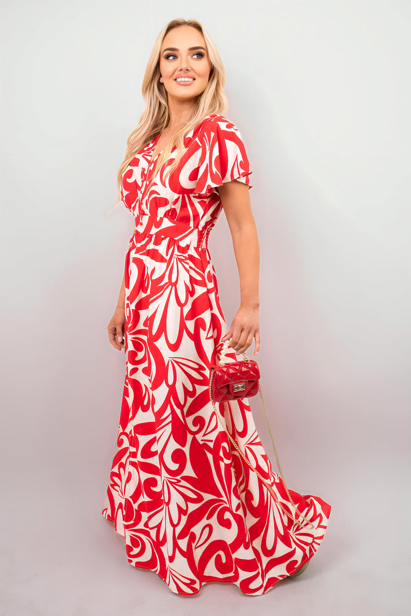 Printed Short Sleeve Button Down V-Neck Maxi Dress