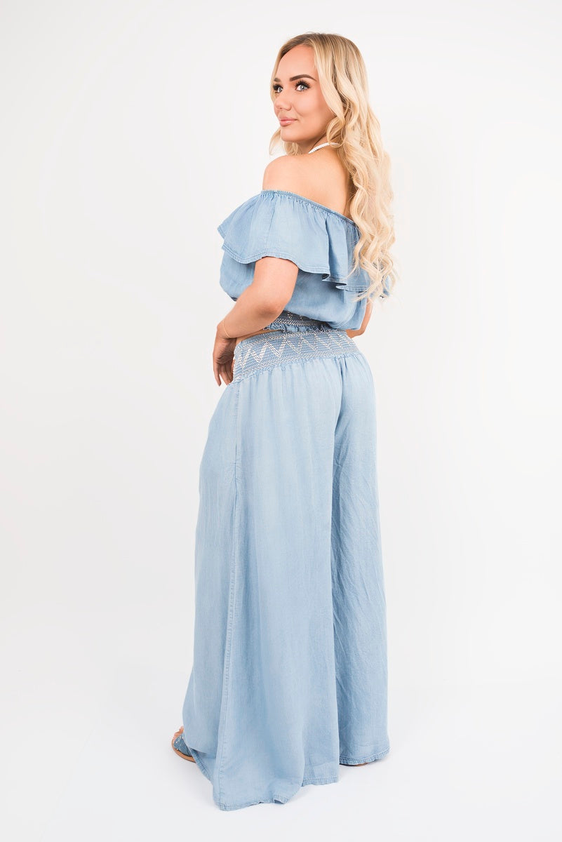 Bardot Crop Top and Wide Leg Trousers Co-Ord with Smock Detail