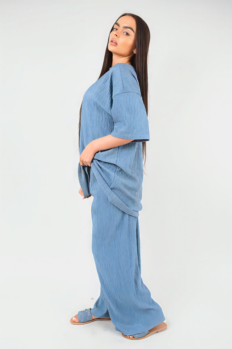 Ribbed Oversized Top and Drawstring Wide Leg Trouser Co-ord Set