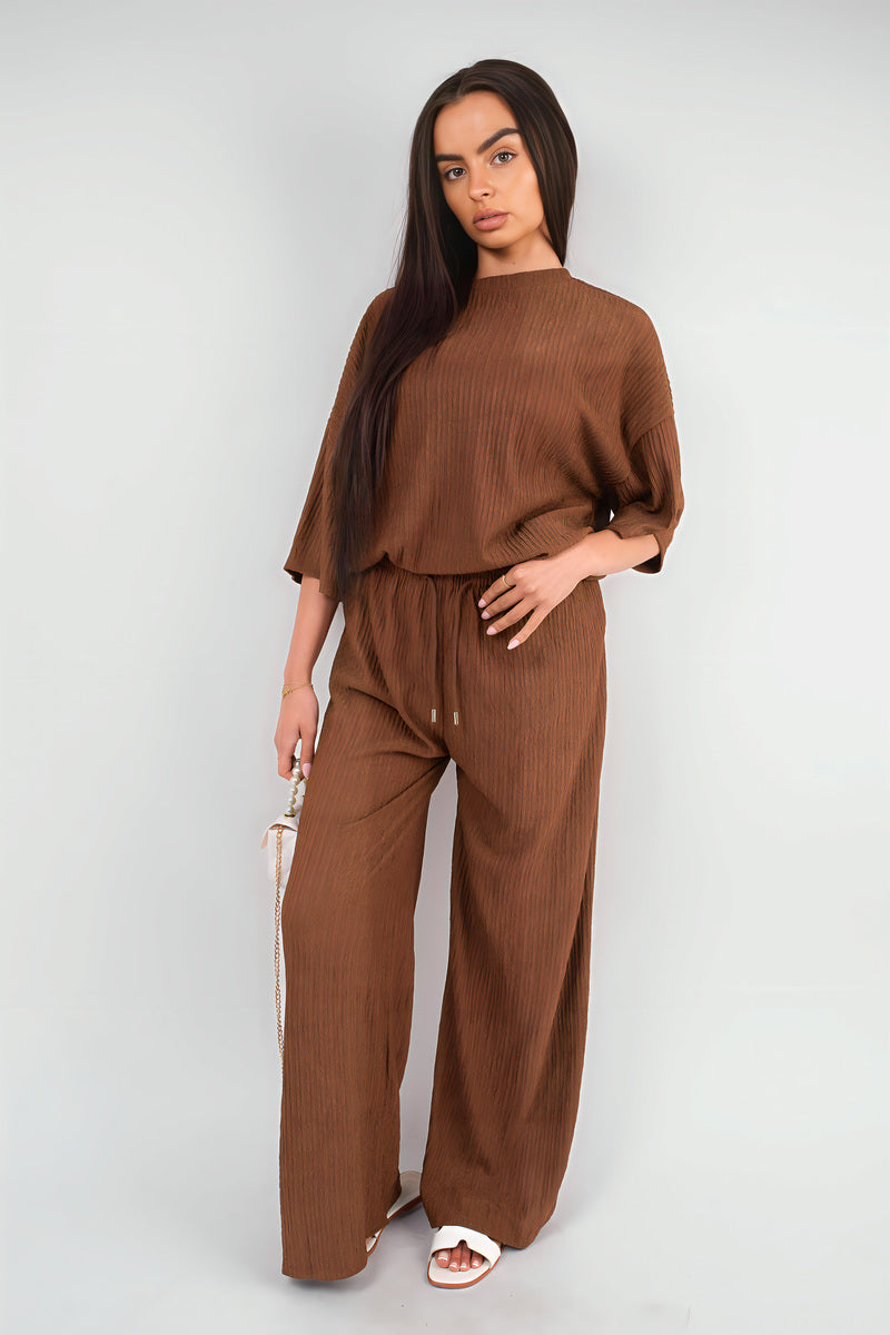 Ribbed Oversized Top and Drawstring Wide Leg Trouser Co-ord Set