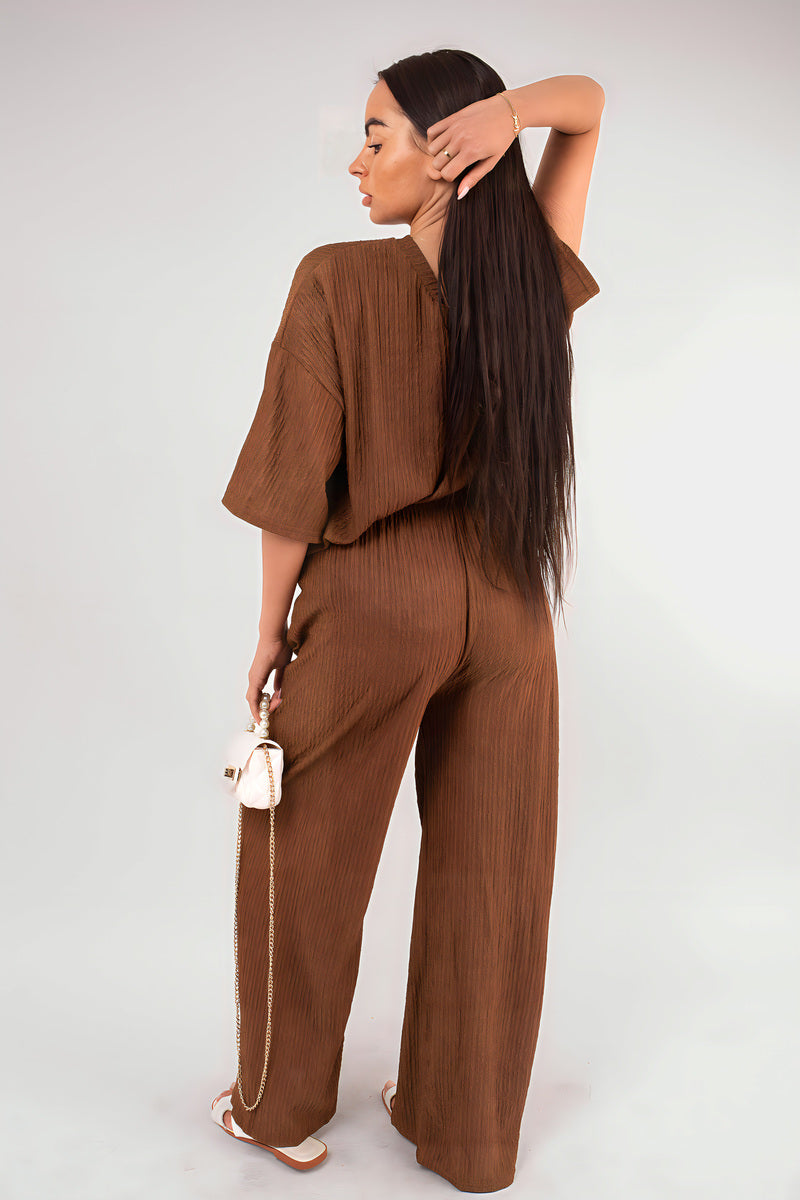 Ribbed Oversized Top and Drawstring Wide Leg Trouser Co-ord Set