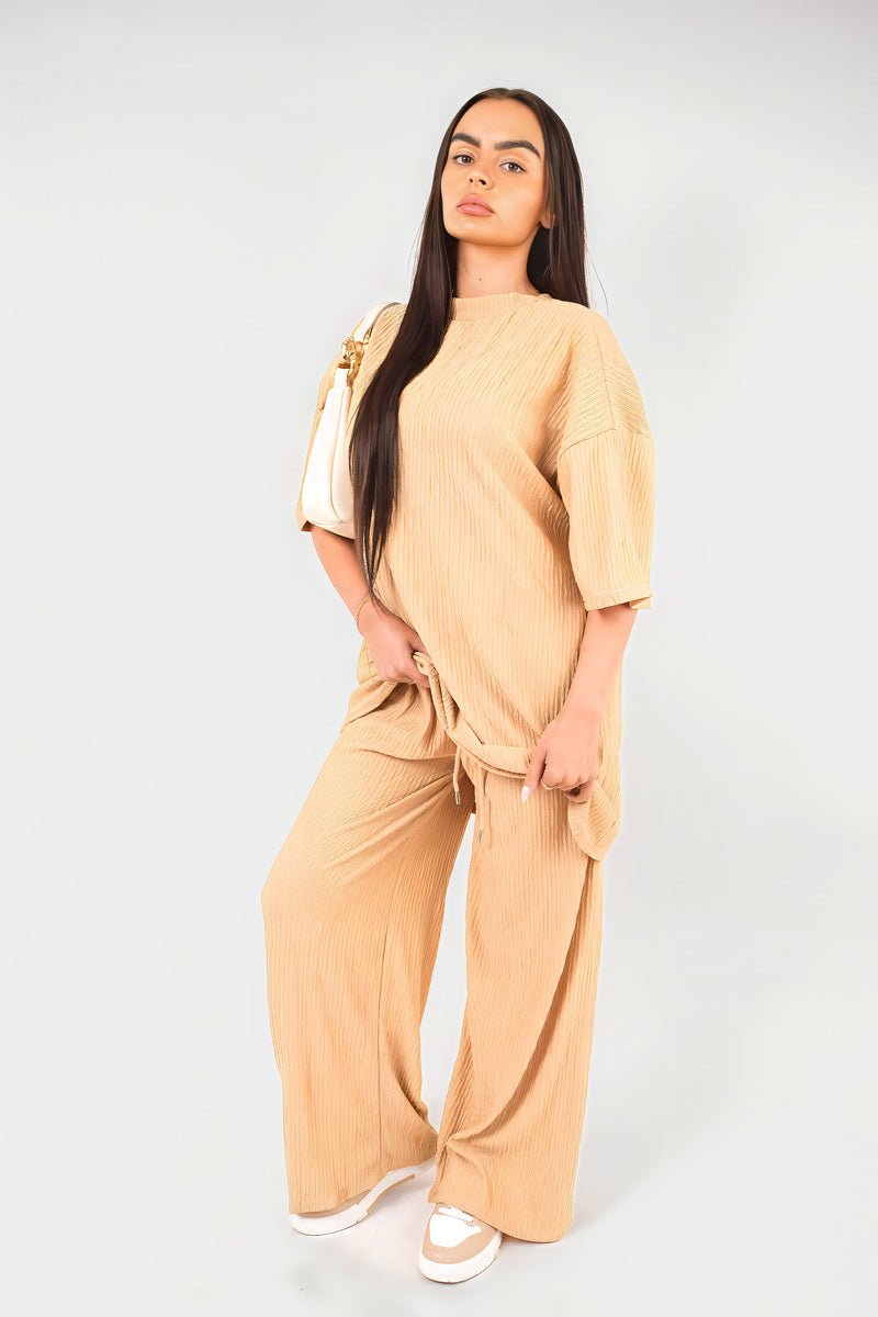 Ribbed Oversized Top and Drawstring Wide Leg Trouser Co-ord Set