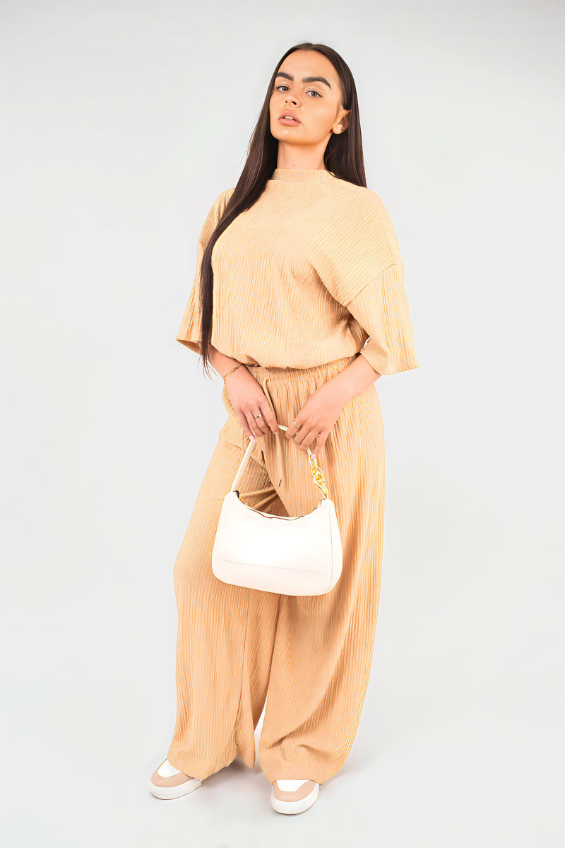 Ribbed Oversized Top and Drawstring Wide Leg Trouser Co-ord Set