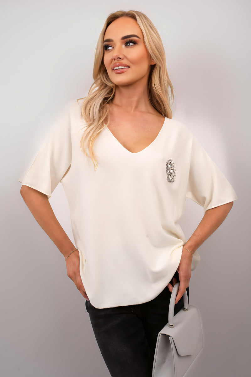 Short Sleeve V-Neck Oversized Rhinestone Heart Detail Top