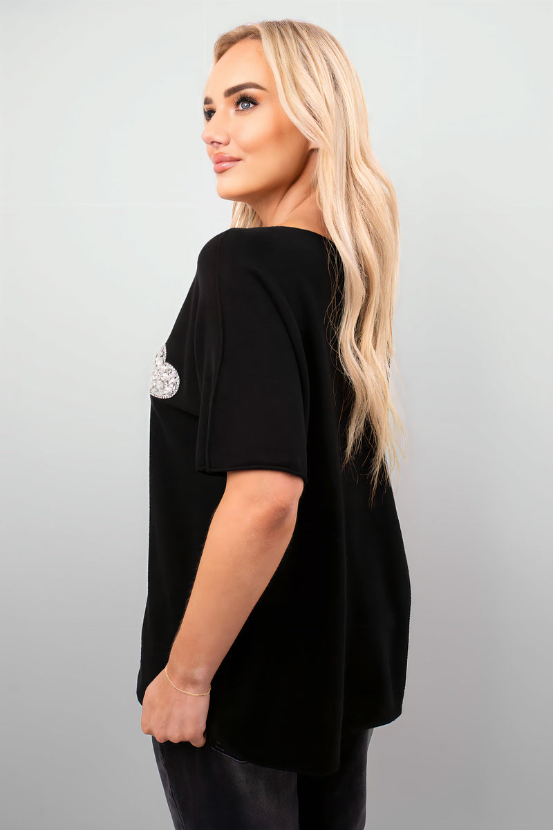 Short Sleeve V-Neck Oversized Rhinestone Heart Detail Top