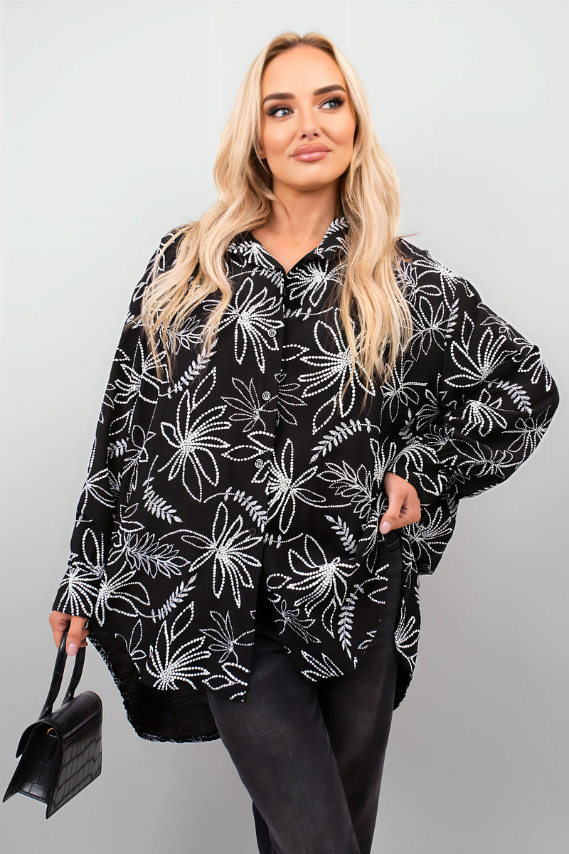 Floral Print Oversized Long Sleeve Button Down Top