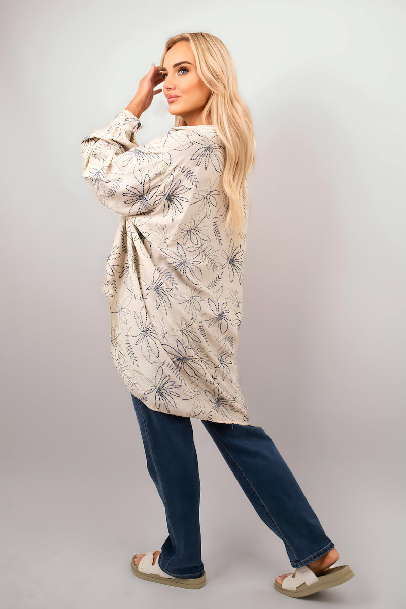 Floral Print Oversized Long Sleeve Button Down Top