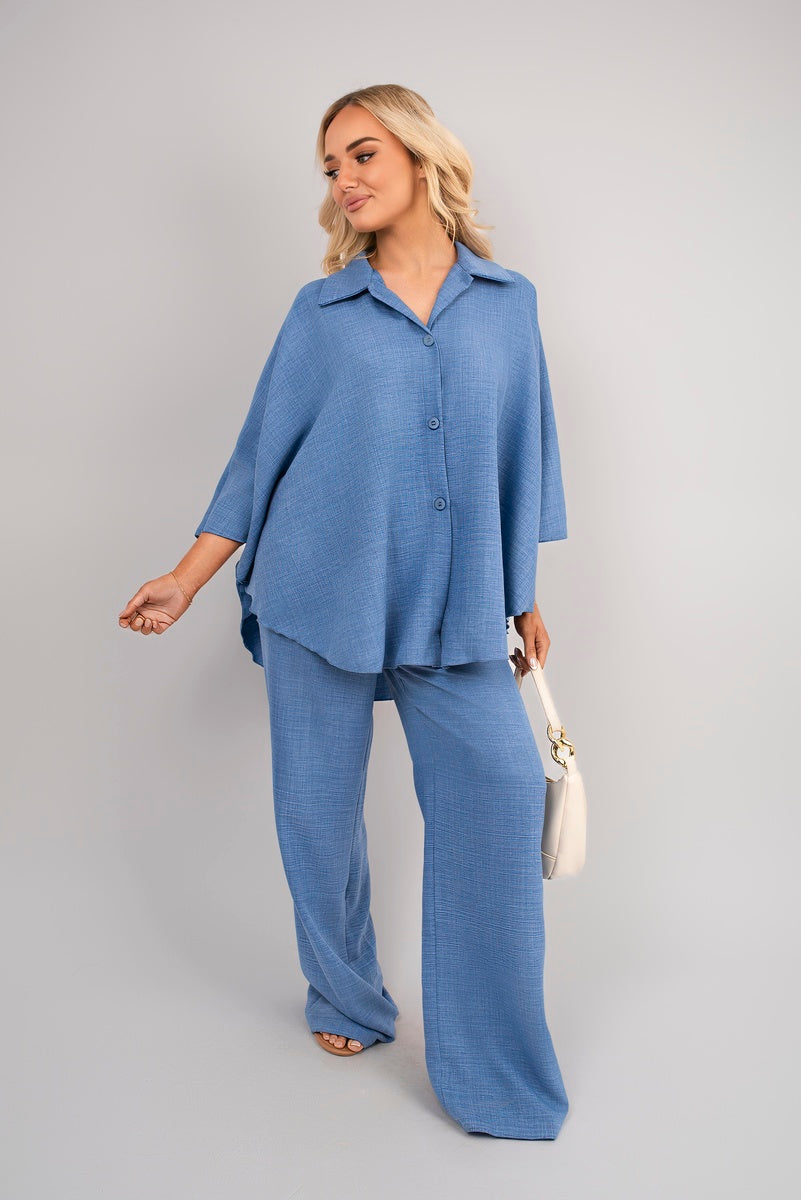 Button Down Long Sleeve Shirt and Wide Leg Trousers Co-ord Set