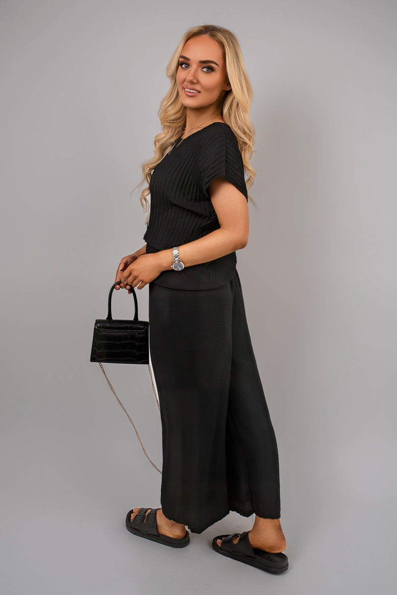 Ribbed Short Sleeve Top and Wide Leg Trouser Co-ord Set