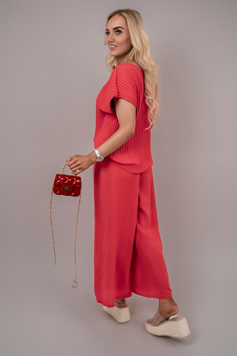 Ribbed Short Sleeve Top and Wide Leg Trouser Co-ord Set