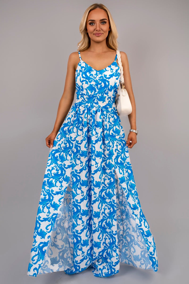 V Neck Spaghetti Strap Maxi Dress with All Over Print