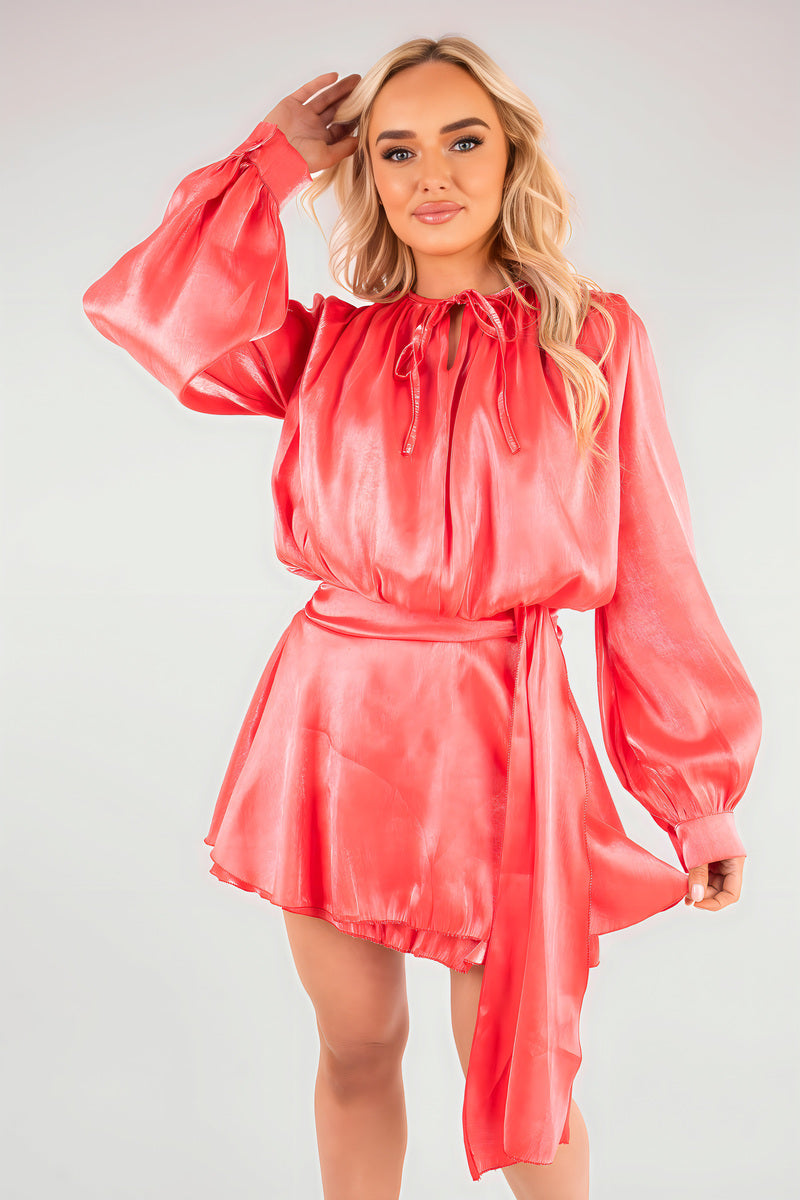 Satin Long Sleeve Ruffle Belted Mini Dress