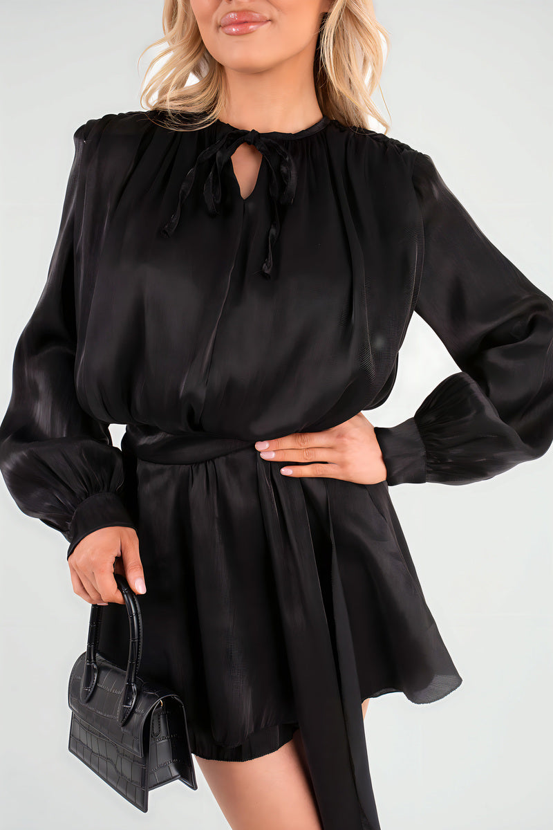 Satin Long Sleeve Ruffle Belted Mini Dress