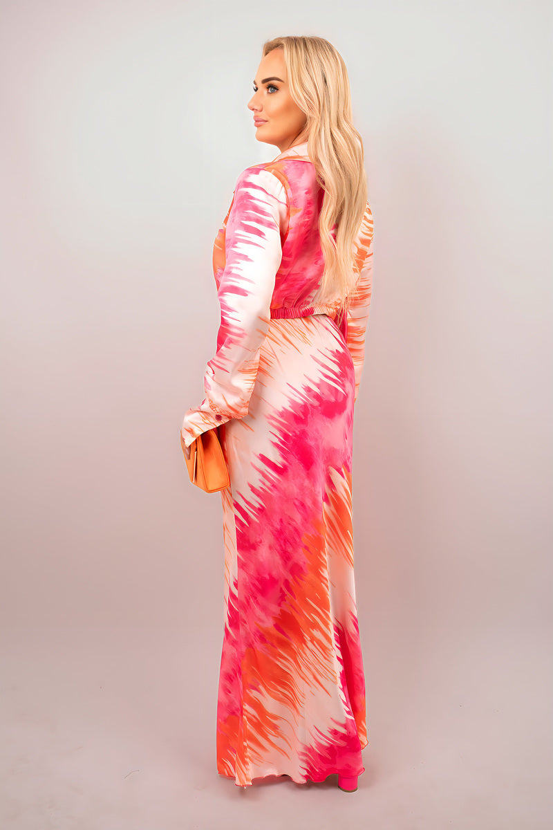 Printed Crop Long Sleeve Top and High Waisted Maxi Skirt Co-ord Set