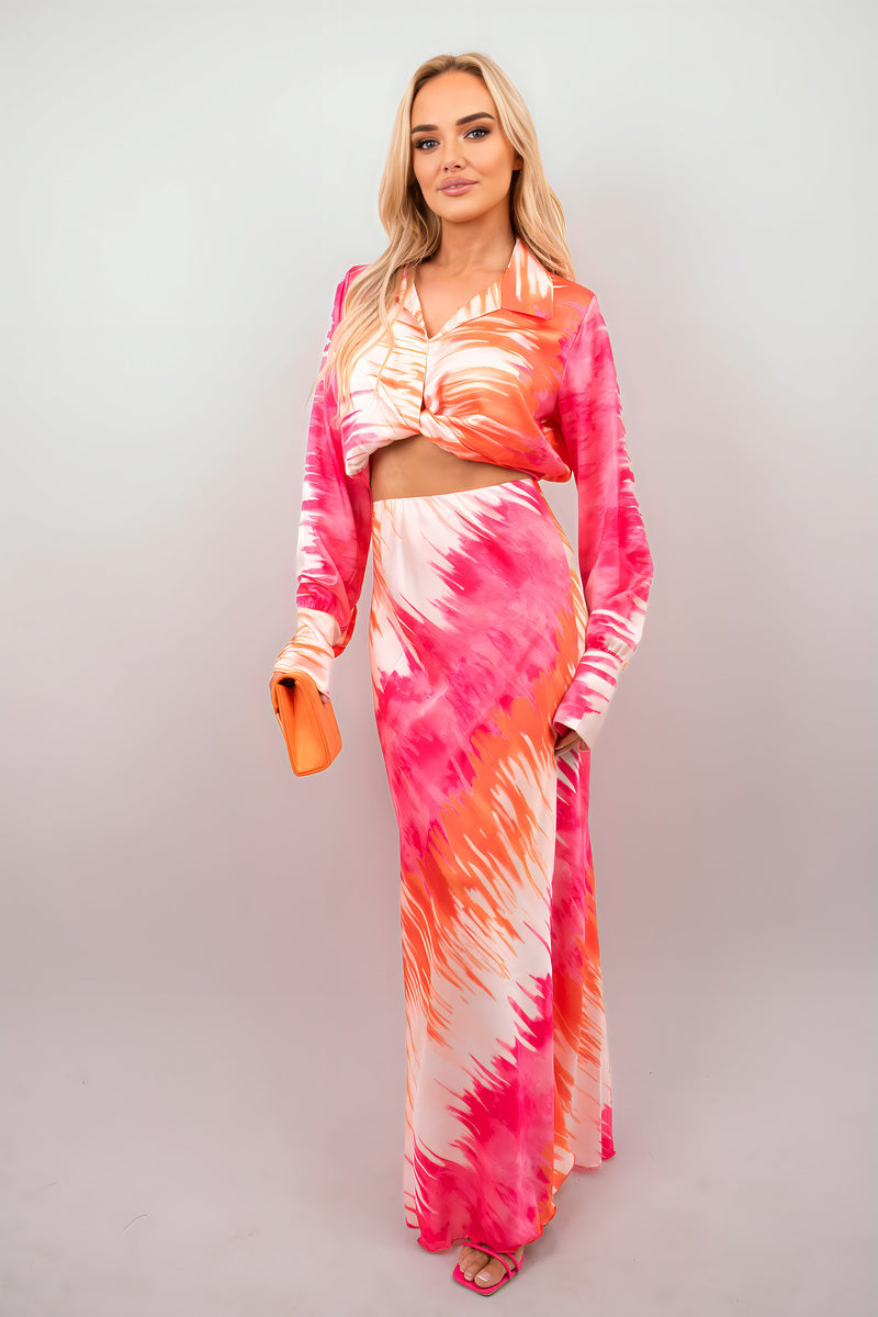 Printed Crop Long Sleeve Top and High Waisted Maxi Skirt Co-ord Set