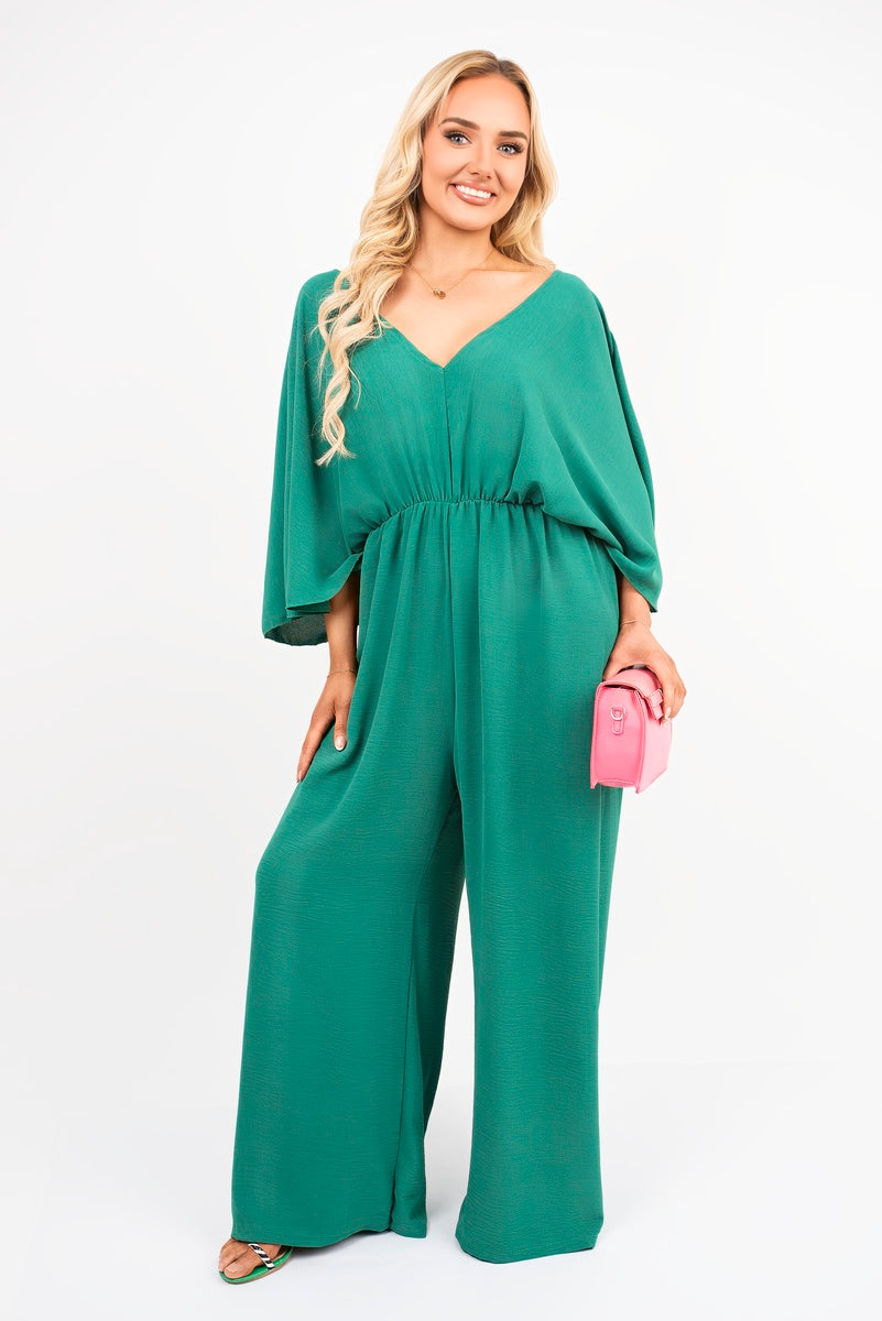 Wide Leg V Neck Jumpsuit with Back Tie Detail