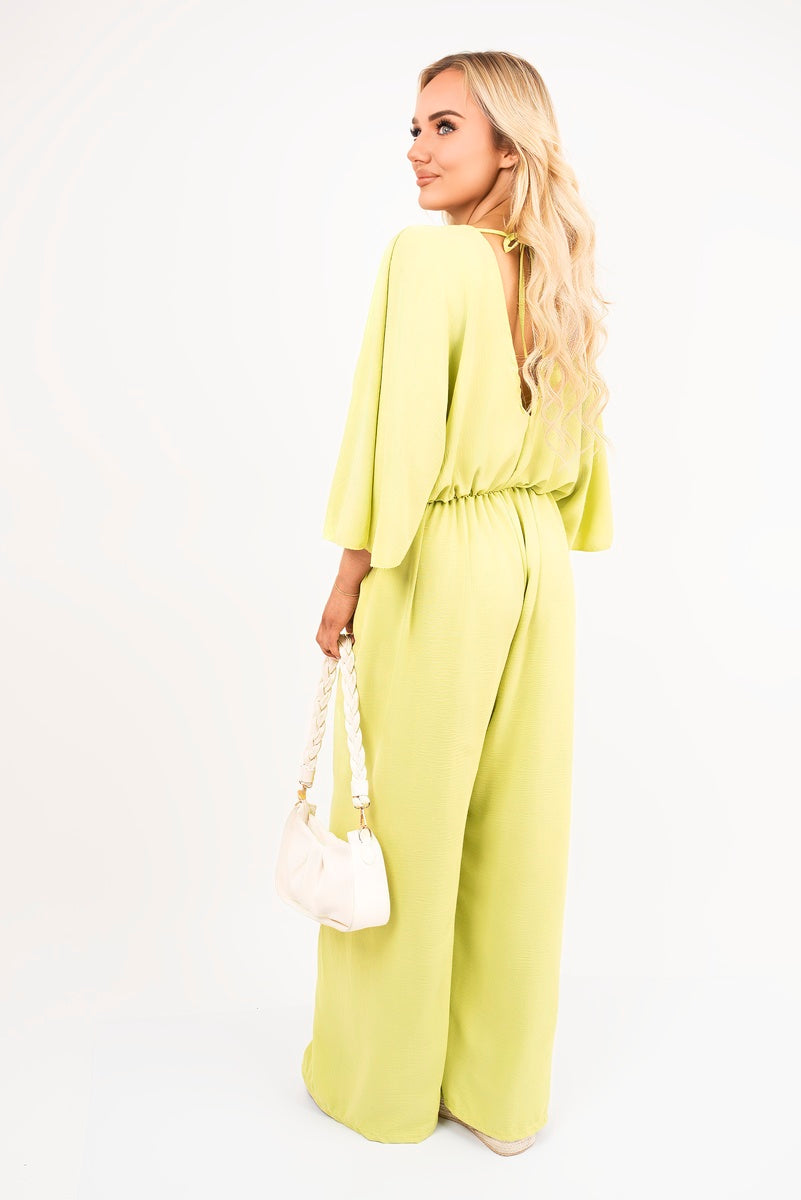 Wide Leg V Neck Jumpsuit with Back Tie Detail