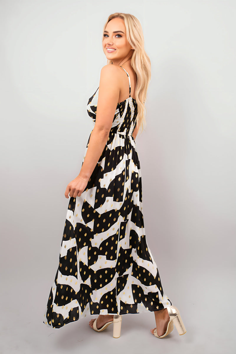 Printed V-Neck Sleeveless Romper Midi Dress