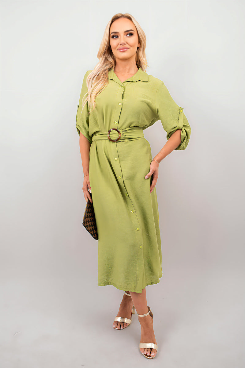 Belted Button Down Roll Tab Sleeve Midi Dress