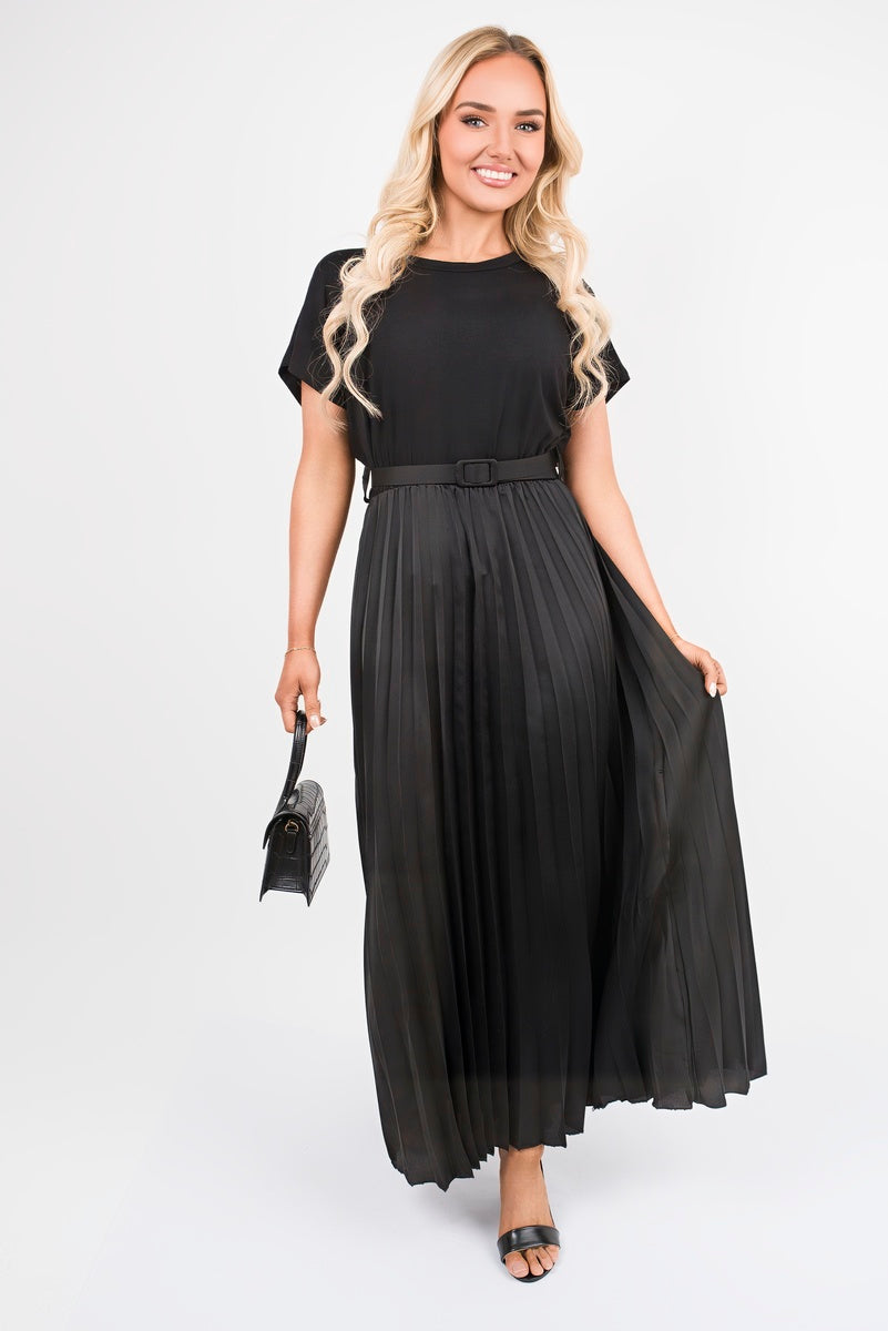 Belted Short Sleeve Pleated Midi Dress